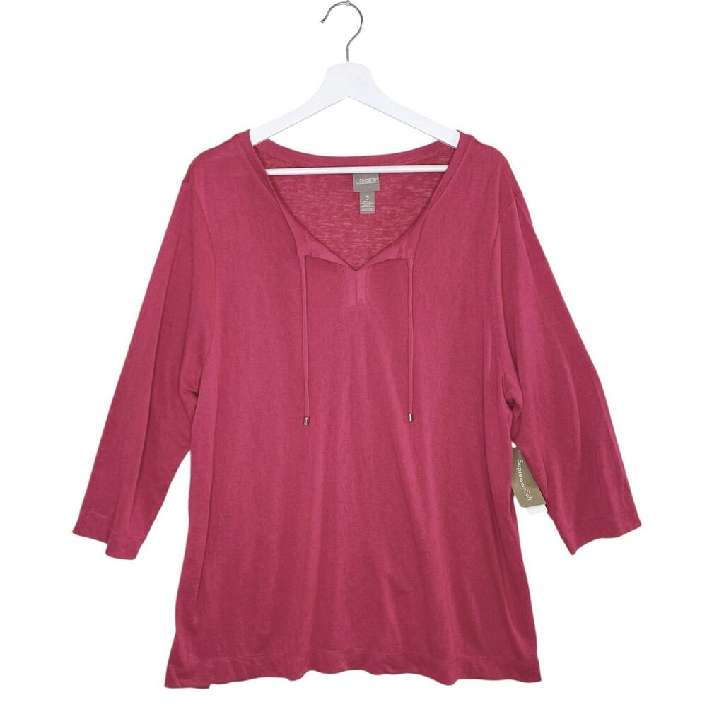 Chico's Tunic Top Size 3 Supremely Soft Botanical Rose Split-Neck 3/4 Sleeve NEW